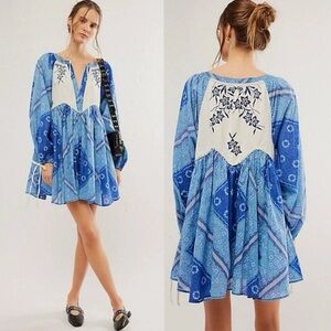 Free People Western Bohemian Patchwork Day Dreaming Mini in Indigo Blue S NWT